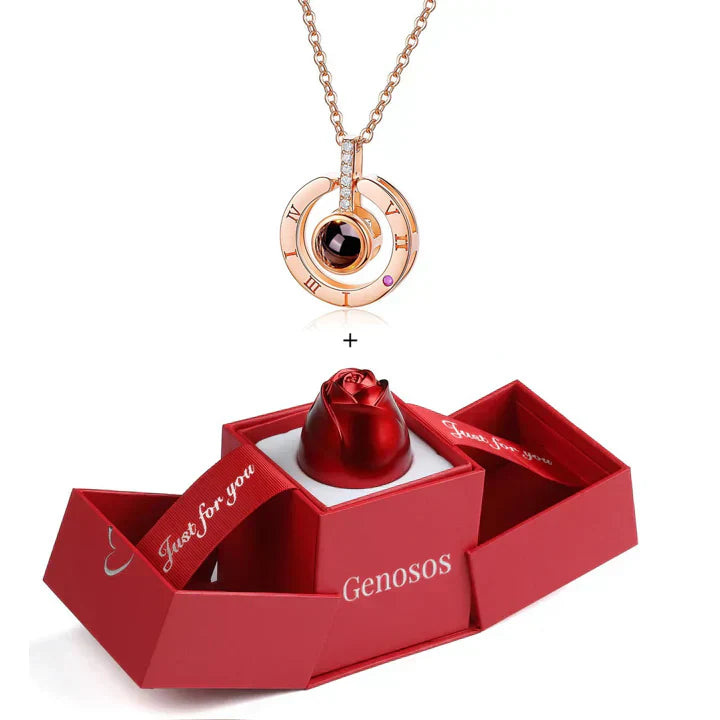 COLLAR TE AMO EN 100 IDIOMAS + COFRE DE ROSAS ETERNAS